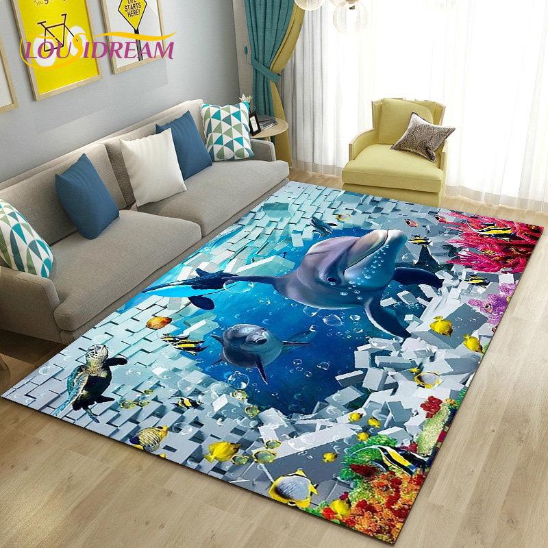 3D-Illusion Unterwasserwelt Meeresboden Delfin Hai Teppich, Teppich für Wohnzimmer Schlafzimmer Sofa Fußmatte Rutschfeste Bodenmatte