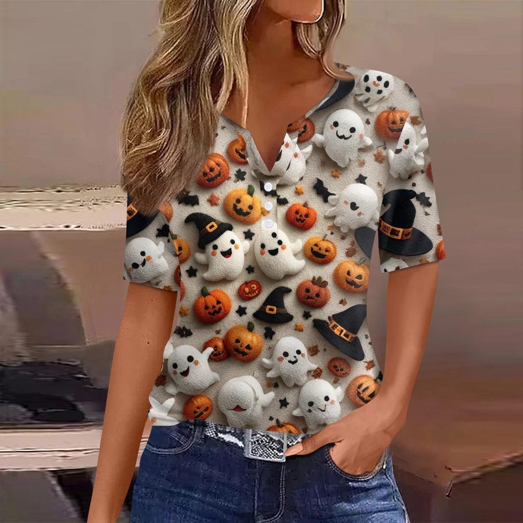 Women's T Shirt Tee Halloween Printed Button Short Sleeve Tunic Daily Weekend Fashion Basic V- Neck Regular Top