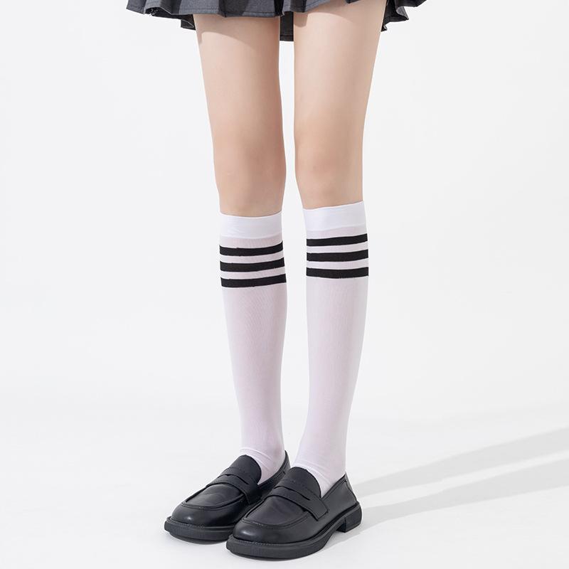 Women's Spring and Summer Thin Preppy Style Three Bar Stripes Long Leg Socks