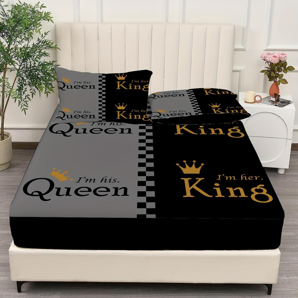 Queen King Golden Crown Couple Print Fitted Sheet Set 1* Fitted Sheet+2*Pillowcases Mattress Cover Soft Breathable Bedding Set