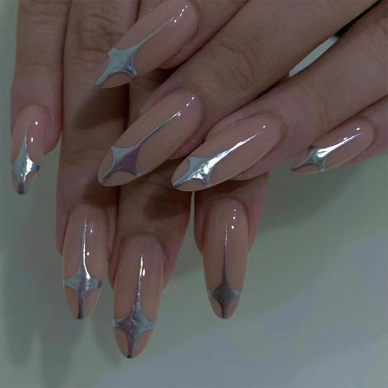 Medium-Long Nude Silver Starry Nail Art Stickers - Wearable Finished Nails