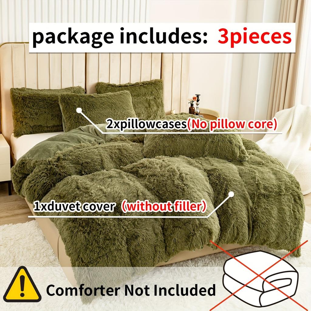3-Piece Faux Fur Velvet Duvet Cover Set - Soft, Warm, Plush Bedding with Solid Color Design, 1 Duvet Cover and 1/2 Pillowcase, W