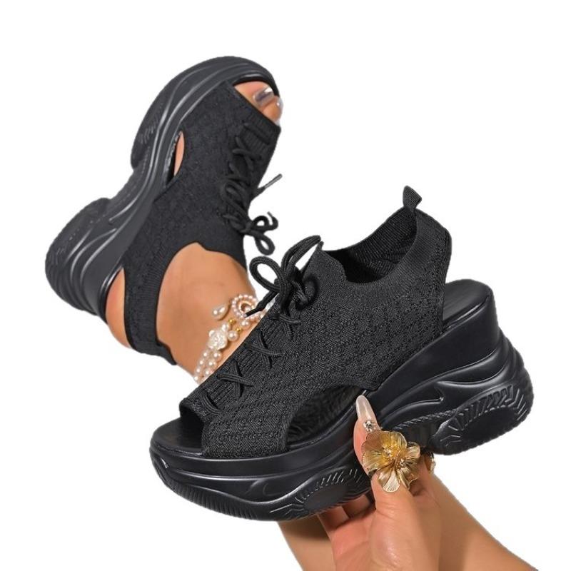 Flying woven mesh wedge heel sandals summer fish mouth high heel casual small large size sandals