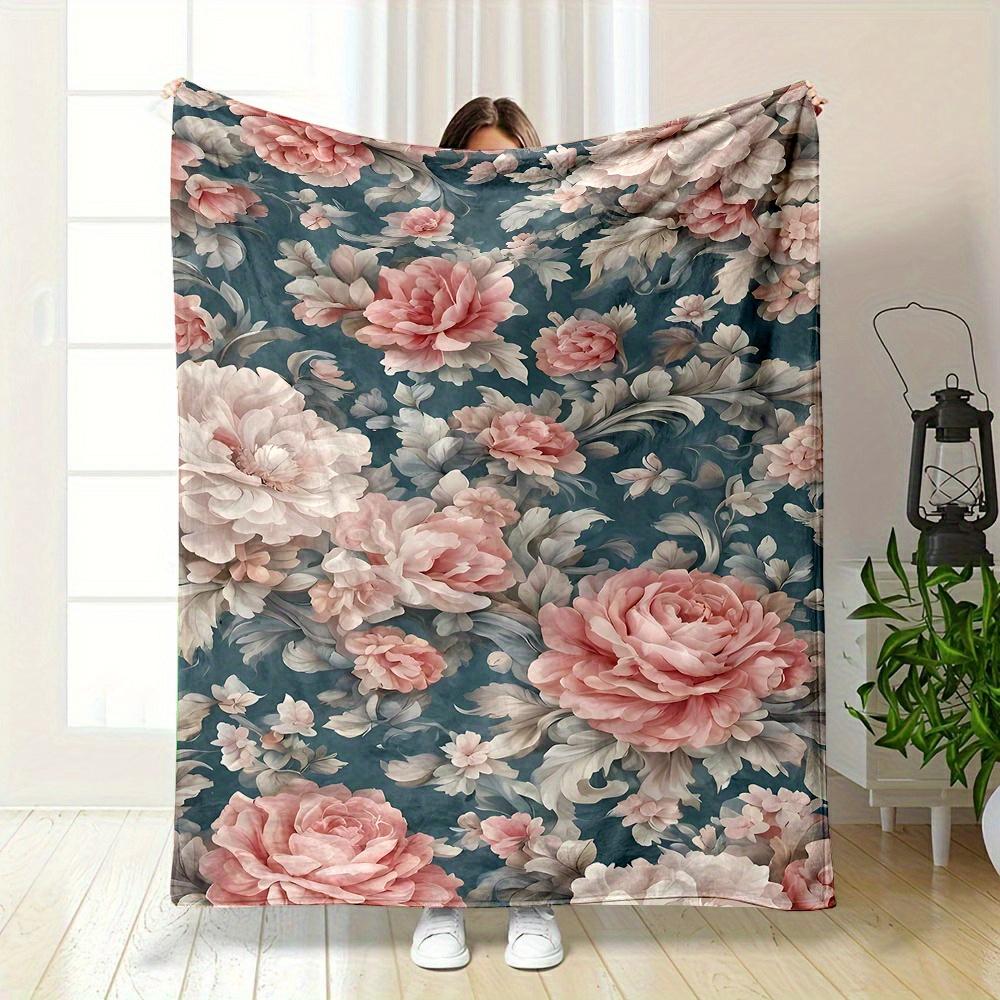 1pc Contemporary Reversible Polyester Flannel Throw Blanket - Digital Print Blossoming Flowers Pattern, All-Season Cozy Office 75x90cm28x35in