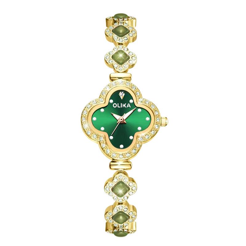 Four-Leaf Clover Women's Luminous Chalcedony Bracelet Watch - Fashionable, Waterproof, High-End Quartz Design.