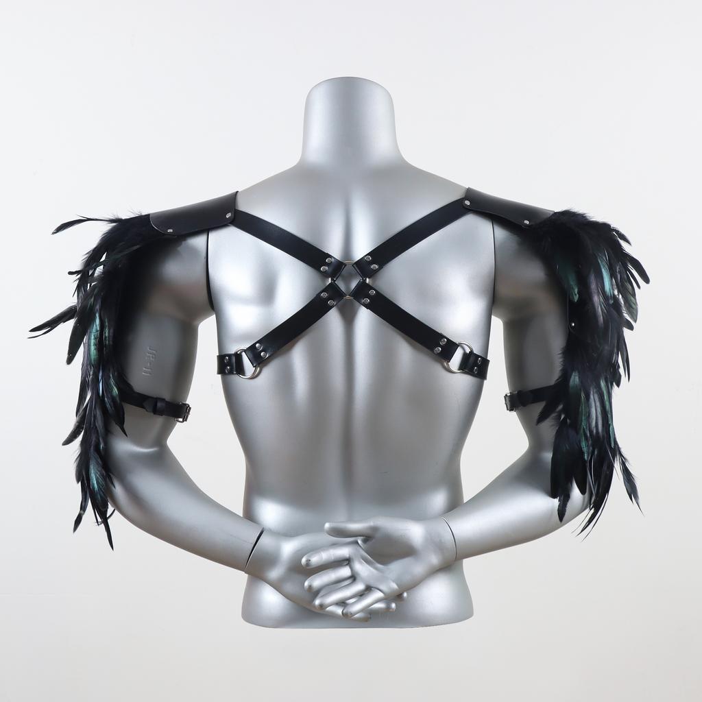 Vintage PU Leather Body Chain Harness with Feather Shoulder Armor Medieval Viking Style Chest Strap Halloween Cosplay Accessorie