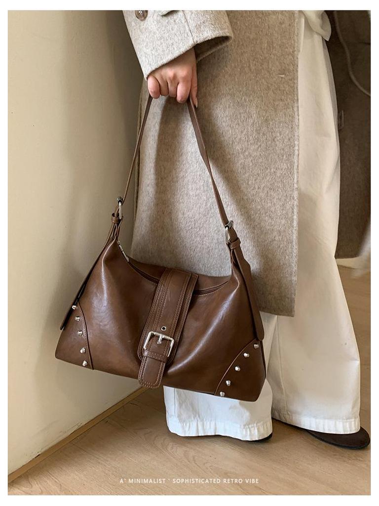 Women's Cross-Border Retro Motorcycle Bag with Rivet Decor & Belt Buckle - Stylish Single Shoulder Underarm Handbag