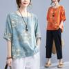 Cotton and Linen Plus Size Women's Literary Retro Loose Printed T-shirt Summer Round Neck Short-sleeved Belly-covering Casual Top