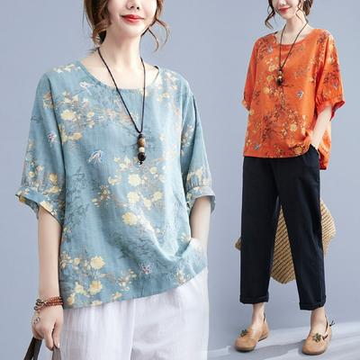 Cotton and Linen Plus Size Women's Literary Retro Loose Printed T-shirt Summer Round Neck Short-sleeved Belly-covering Casual Top