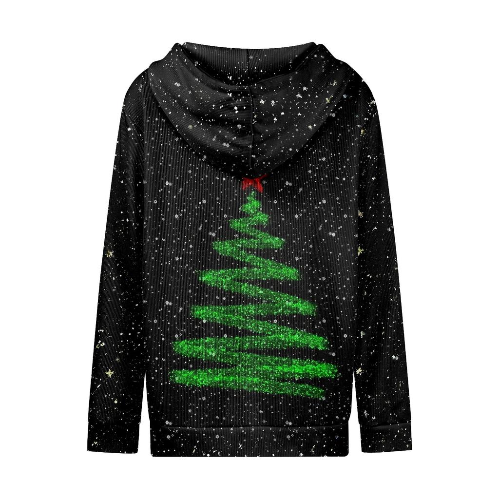 Dámská ležérní módní pletená mikina s kapucí na zip s dlouhým rukávem a vánočním potiskem