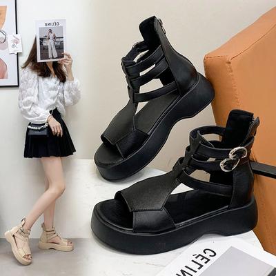 Summer Leisure Fashion Roman Sandals for Women Thick Sole Fish Mouth Buckle Strap High Top Cool Boots Sandales Solid Hollow Shoe