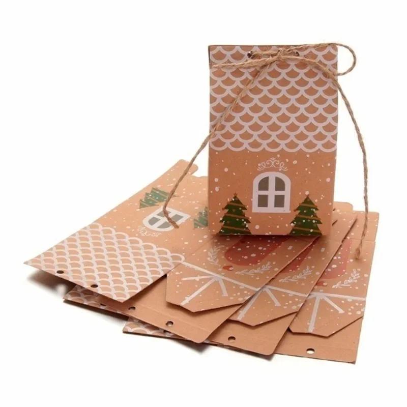 50pcs Party Xmas Decor House Shape Cookies Pouch Christmas Candy Box Kraft Paper Gift Bags Candy Box
