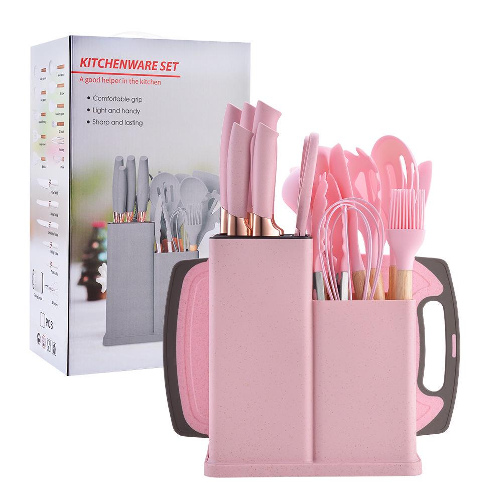 Silicone Kitchenware 19-Piece Set: Non-Stick Pan, Spatula, Soup Spoon, Knife Set with Storage Bucket