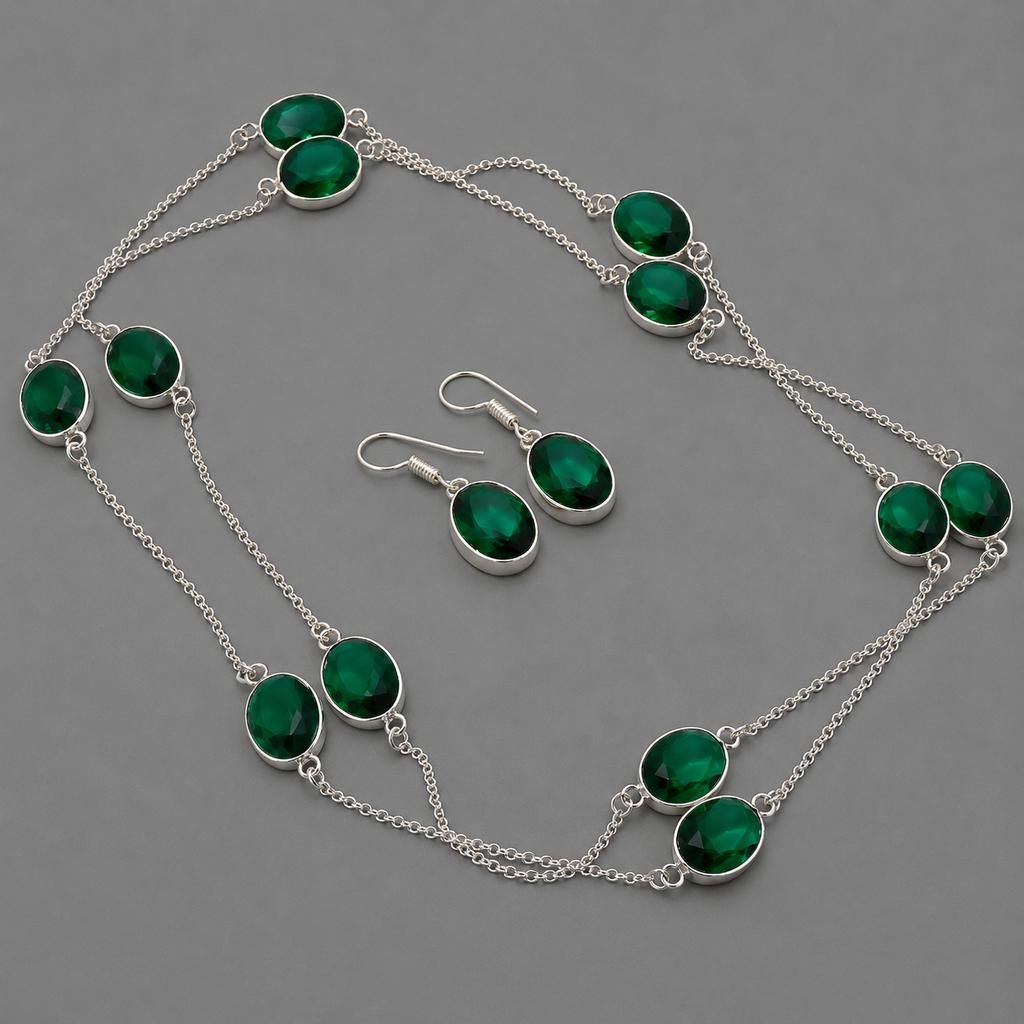 Chrome Diopside Oval Shape Gemstone Chain+Earrings Handmade Antique Gift Jewelry