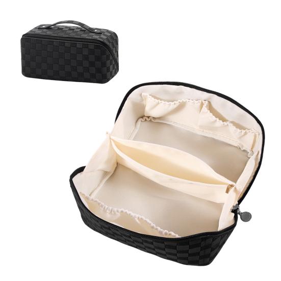Travel Cosmetic Bag Waterproof Large Capacity Checkered Makeup Bag Open Flat Toiletry Bag for Women Skincare Brushes