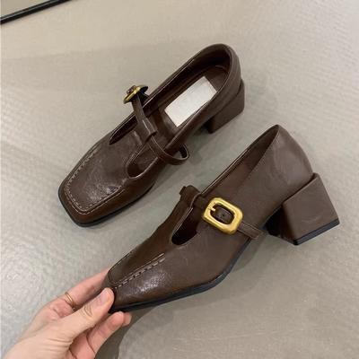 French Retro Square Head Thick Heel Single Shoes Female Spring and Autumn New Evening Wind Korean Version Fairy High Heels Mary Jane Small Leather Sho