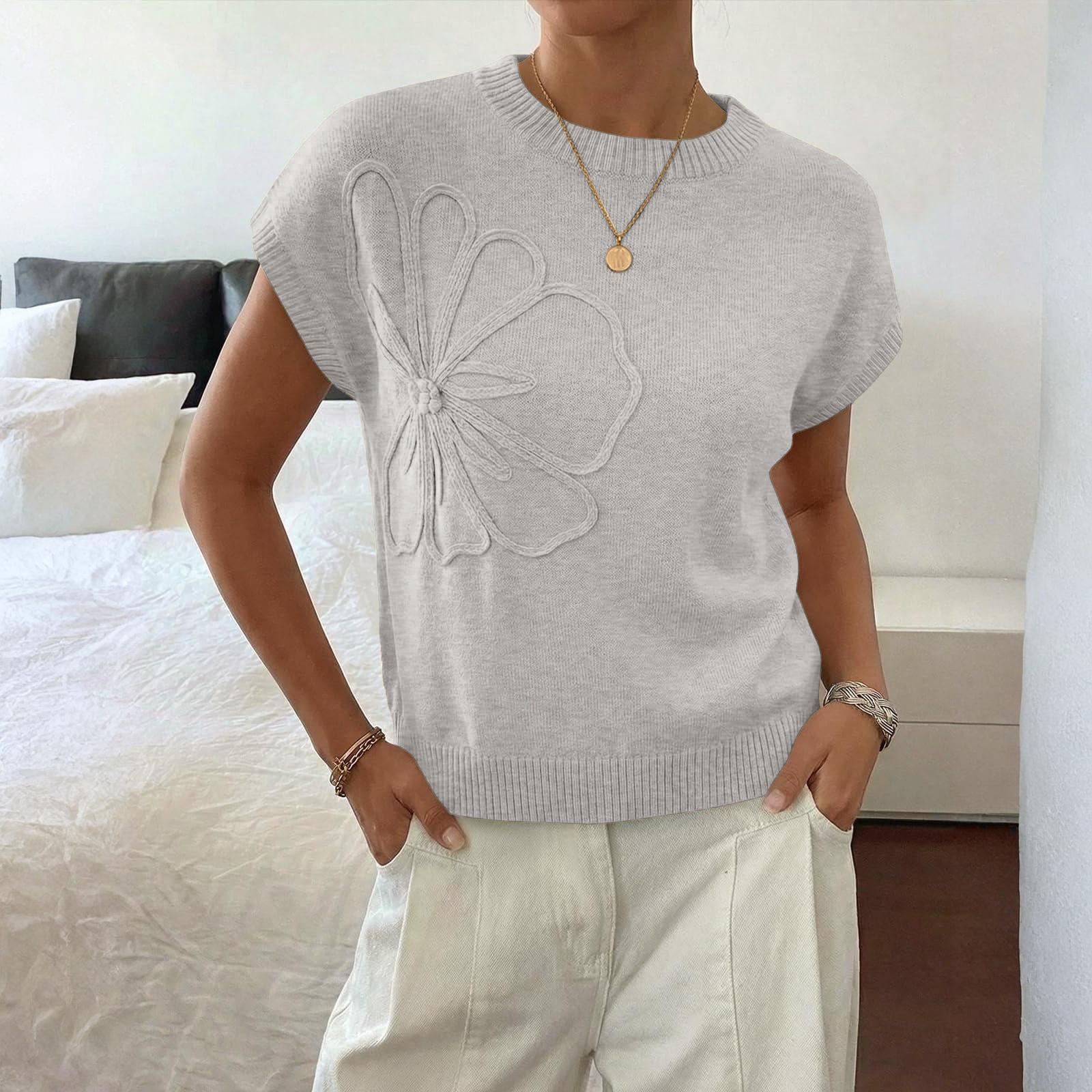 Women s Summer Fashion Color Round Neck  Knitted Short Sleeve Flower Sweater Hoodie Top M