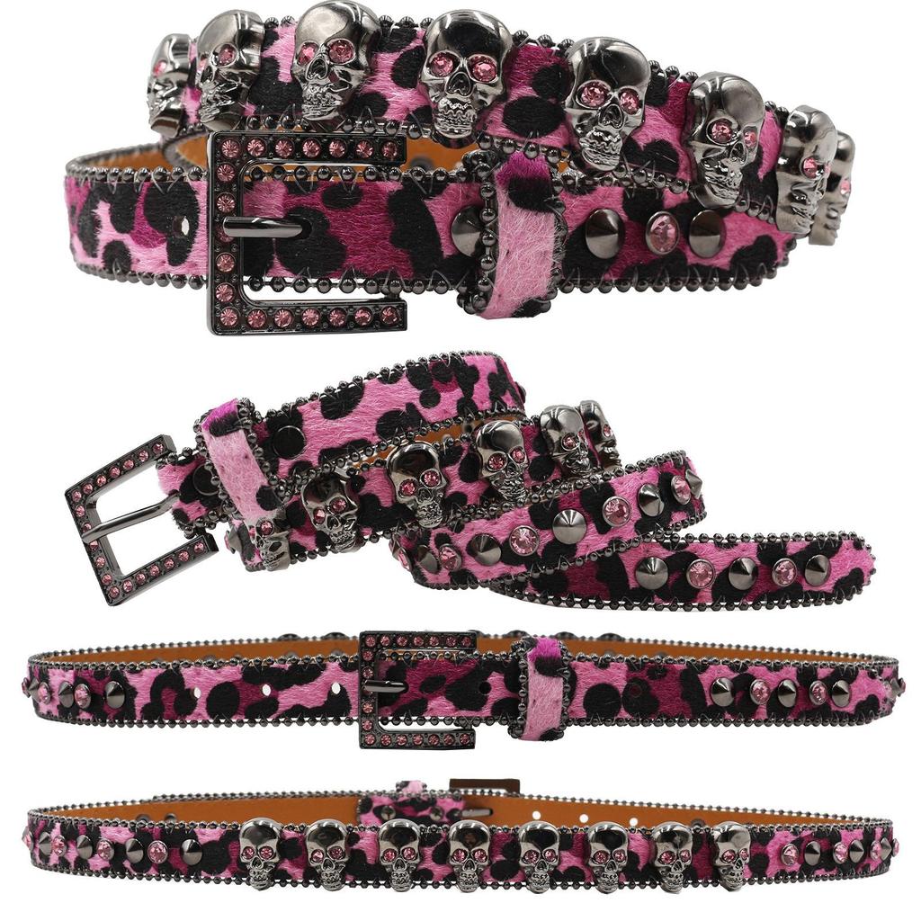 Leopard Print Women's Belt with Skull Design and Rhinestone Pin Buckle - Hip Hop Nightclub Style
