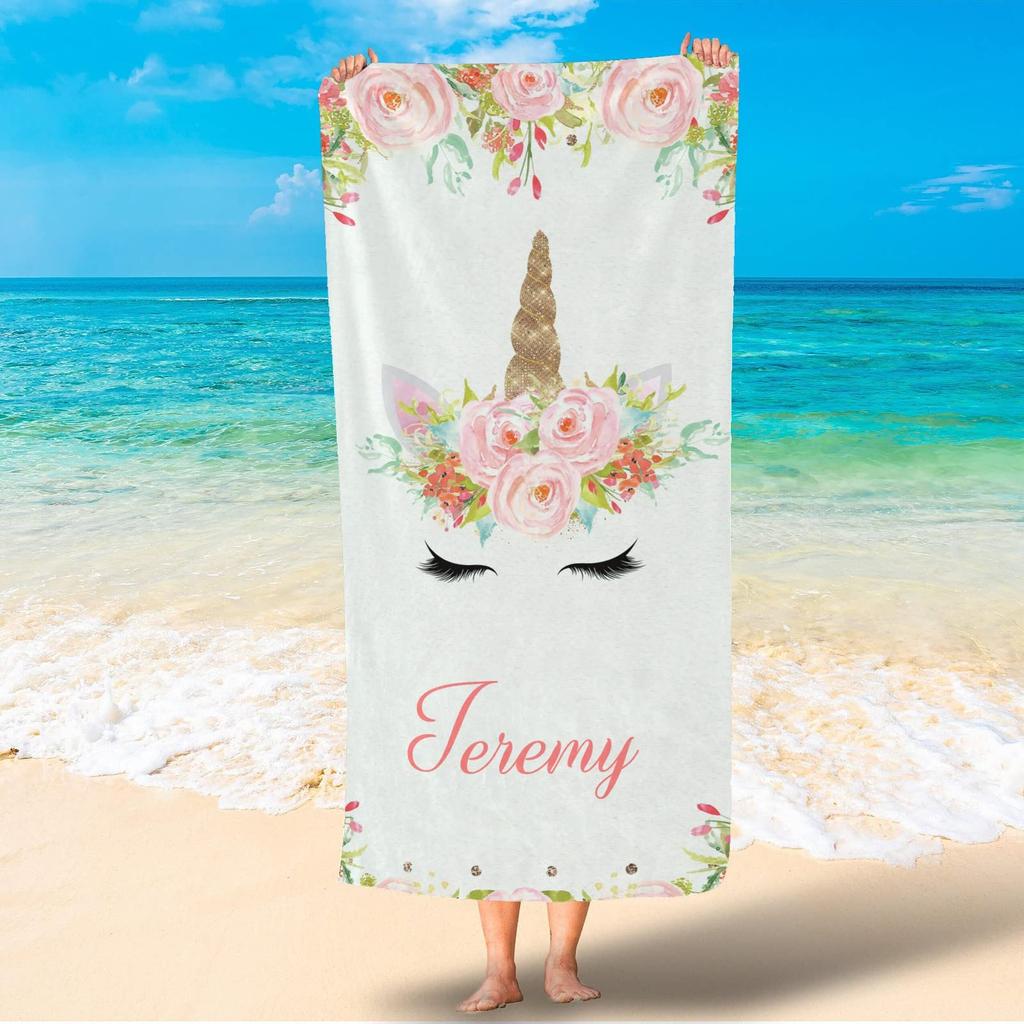 Name Bath Towels Cartoon Unicorn Beach Towel Bathroom Sport Towel for Adult Kids Microfiber Quick Dry Swimming Cover