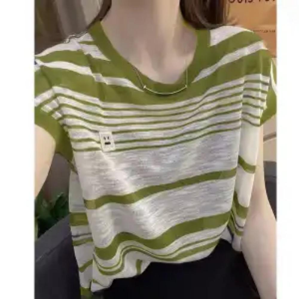 

Женская футболка с полосатым принтом, аппликациями, простая, повседневная, удобная, из трикотажа ледяного шелка, летняя, трендовая, с коротким рукавом, топы Y2K, одежда для женщин XL светло-зеленый