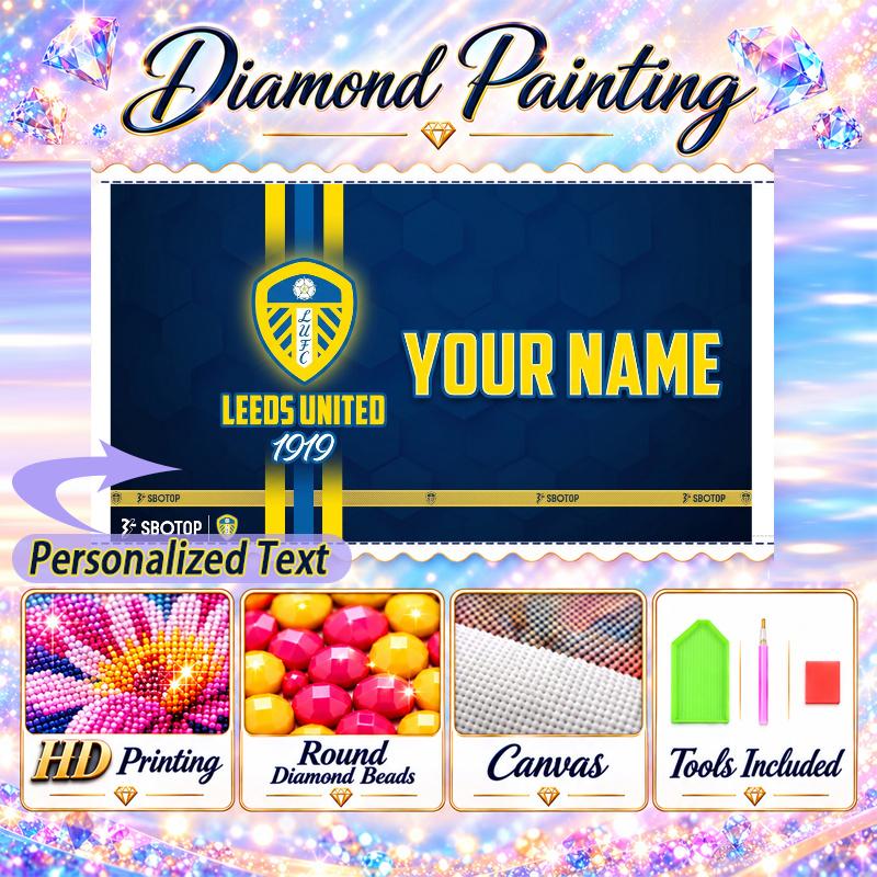 Leeds United FC 5D DIY Diamond Painting Custom Name Text, Full Drill Rhinestone Mosaic Art Home Gift