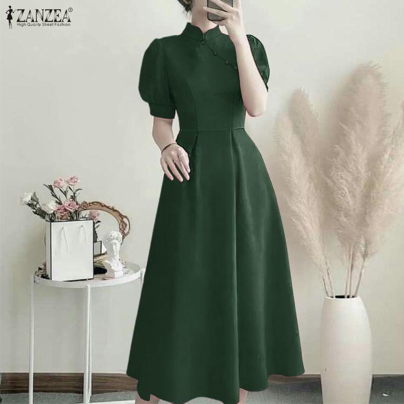 ZANZEA Women Casual Stand Collar Short Sleeve Solid Color Elegant Dress