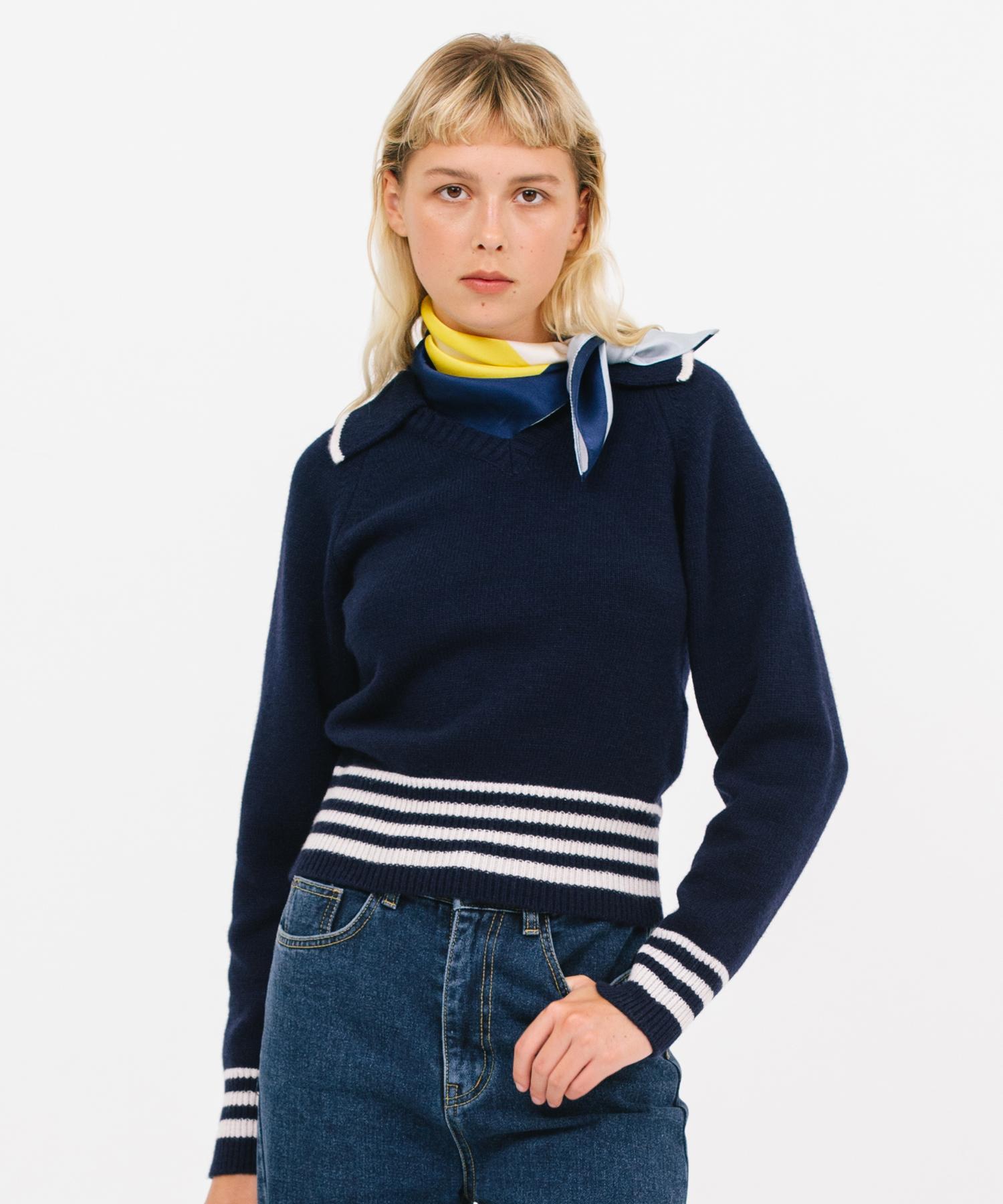 Jun By Jun K Open Collar Striped Knit_Navy F