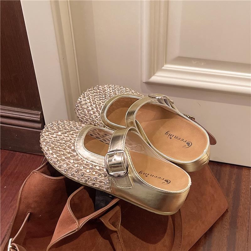 Inner Heightened Thick-soled Bag Head Half Slippers, Women's 2025 Summer Models, Outer Wear Casual One-pedal Rhinestone Fishing Net Cool Slippers
