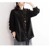 Retro 2024 Spring/Autumn Women's Loose Cotton & Linen Round Neck Shirt Jacket with Closed Sleeves