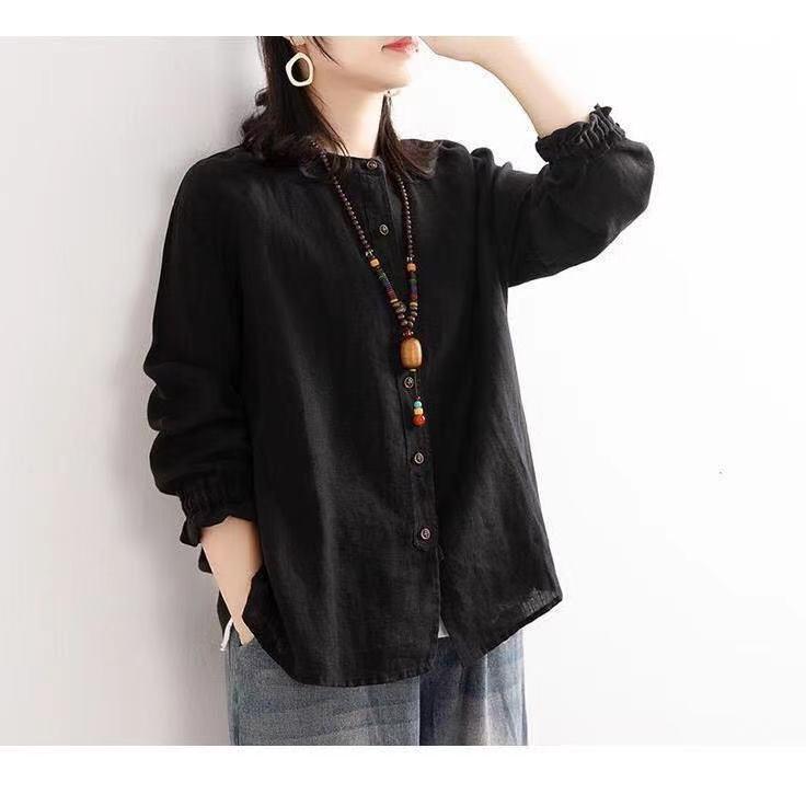 Retro 2024 Spring/Autumn Women's Loose Cotton & Linen Round Neck Shirt Jacket with Closed Sleeves