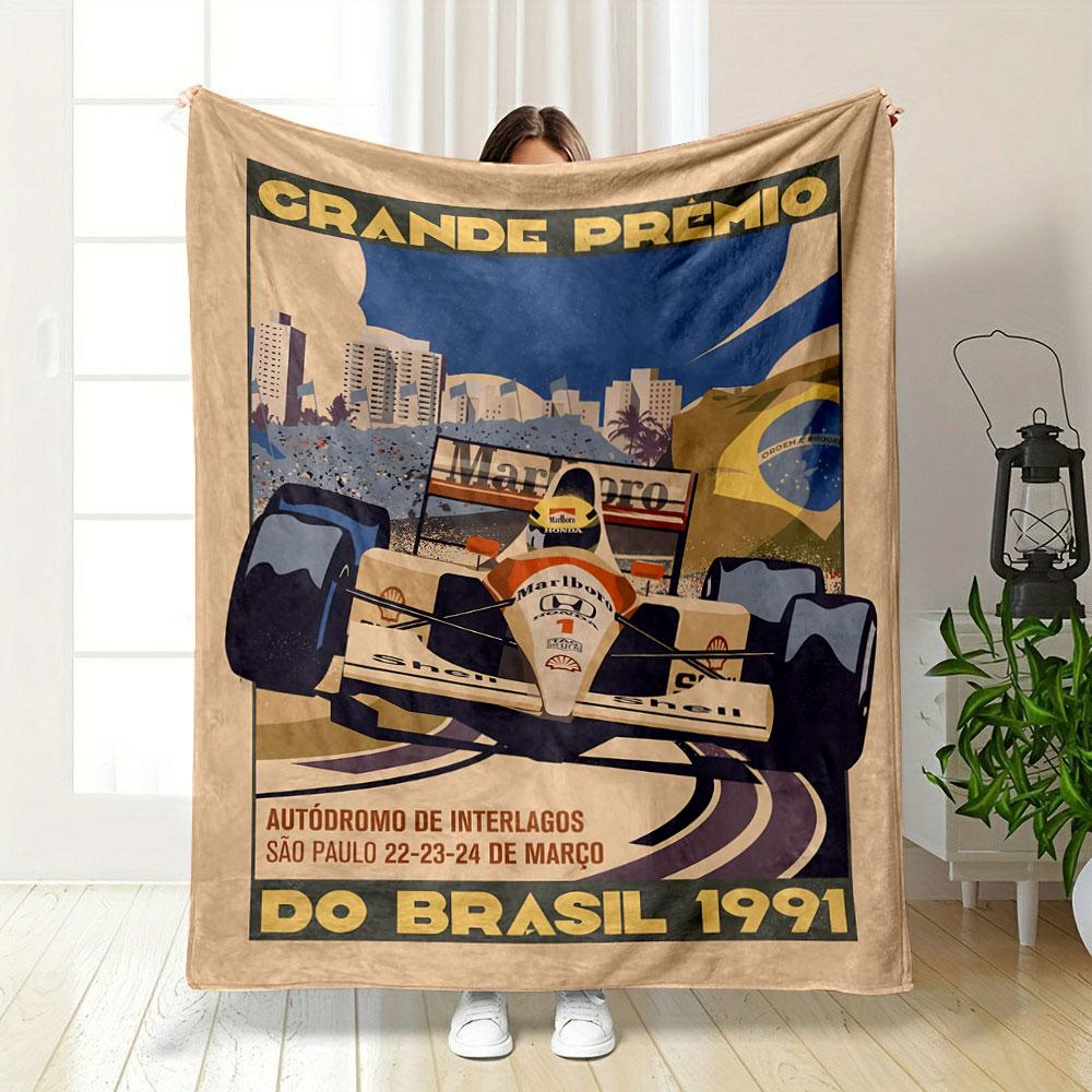 Vintage Brazil Grand Prix 1991 F1 Poster Multicolor Cozy Blanket, Silky Soft Blanket for Restful Sleep, Durable Warm Throw for Outdoor Fun