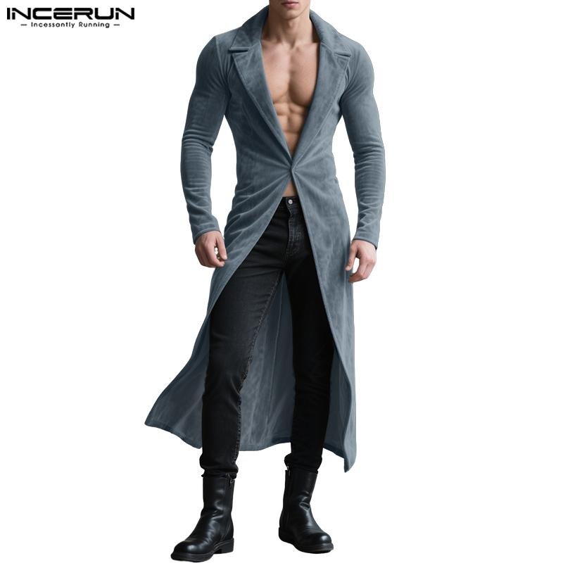 INCERUN Autumn Men Long Sleeve High Splits Open Front Long Corduroy Coats Windbreaker