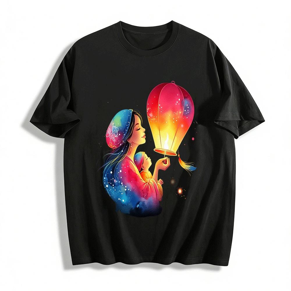 Mother And Child Sky Lantern Print Top Warm Holiday Vibe Shirt Pure cotton T-shirt XXS