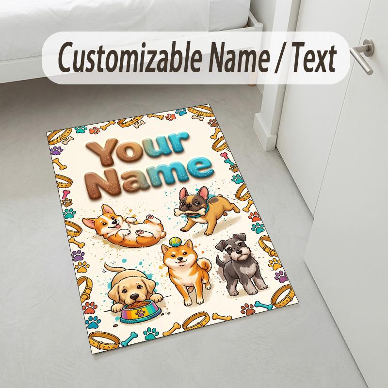 Dog Theme Crystal Velvet Rug Personalized Custom Name Text Soft Floor Mat Home Decor