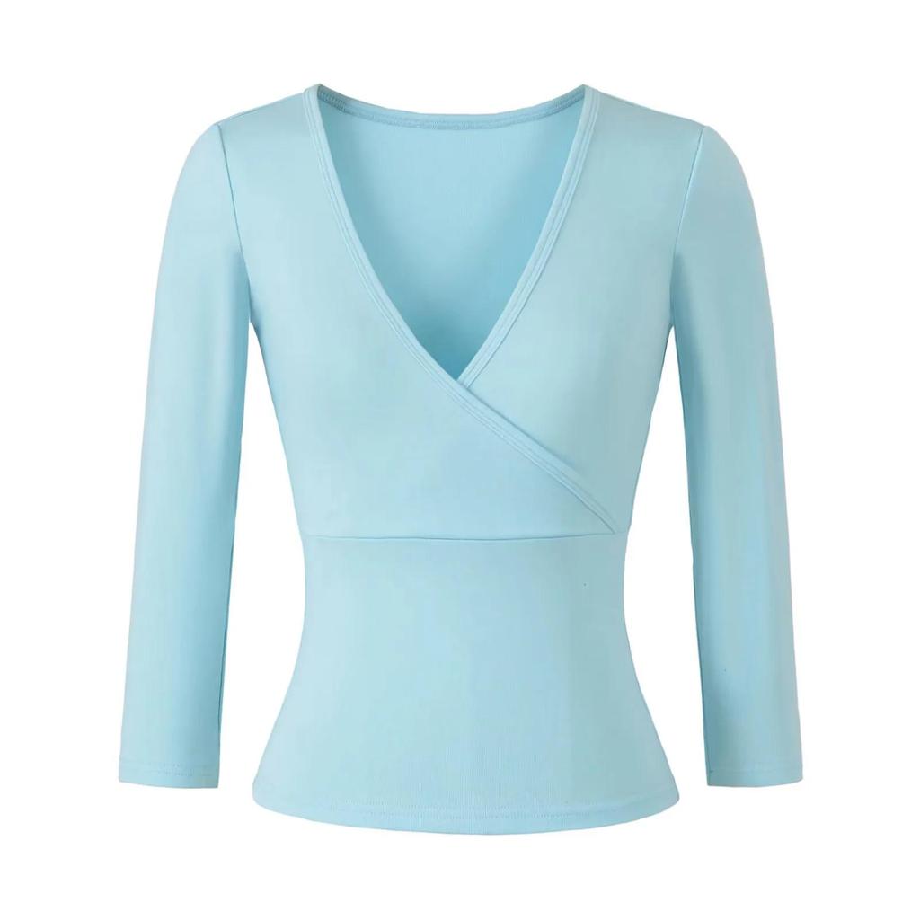 Stretchy Slim-Fit V-Neck Multi-Color Knit T-Shirt for Women (3/4 Sleeve)