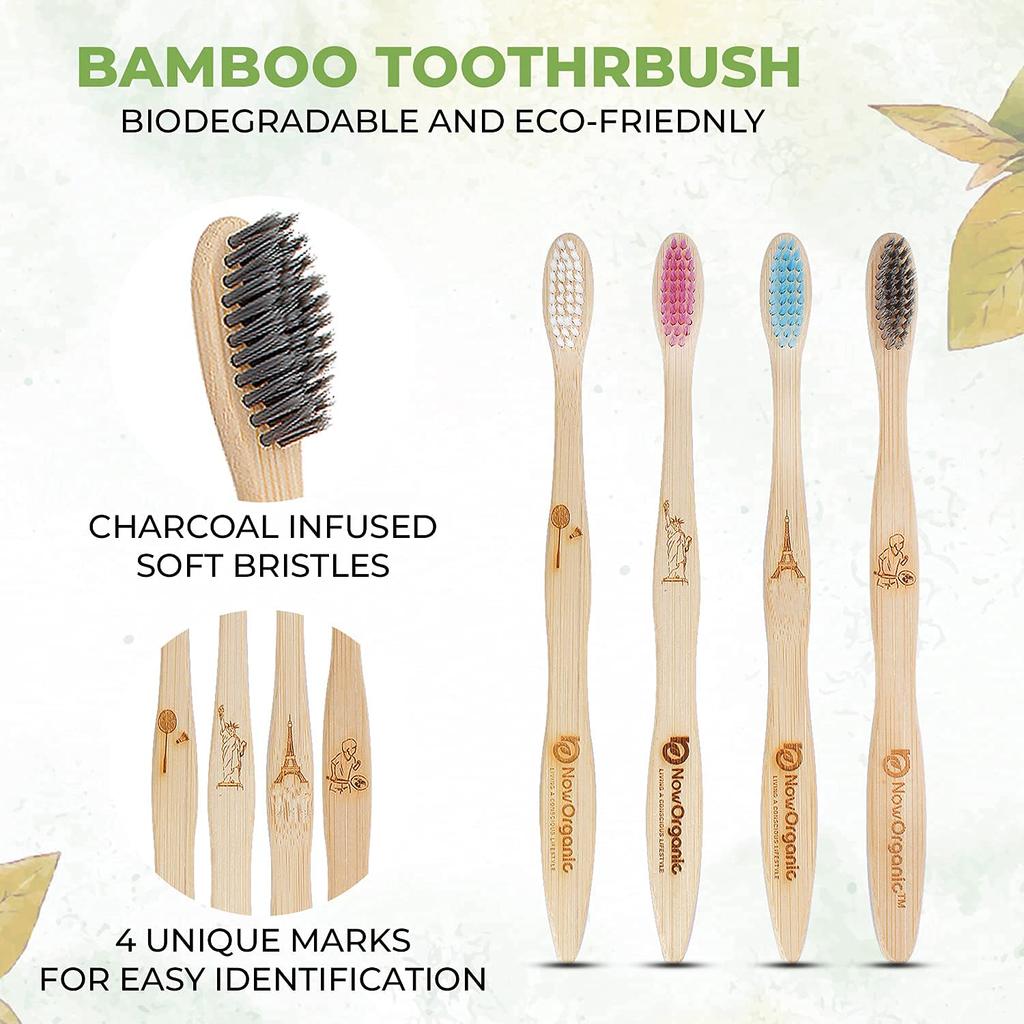 Now Organic Brand Multi Colour bristles with 4 unique Mark Biodegradable Bamboo Toothbrush perfect FAMILY PACK of 4