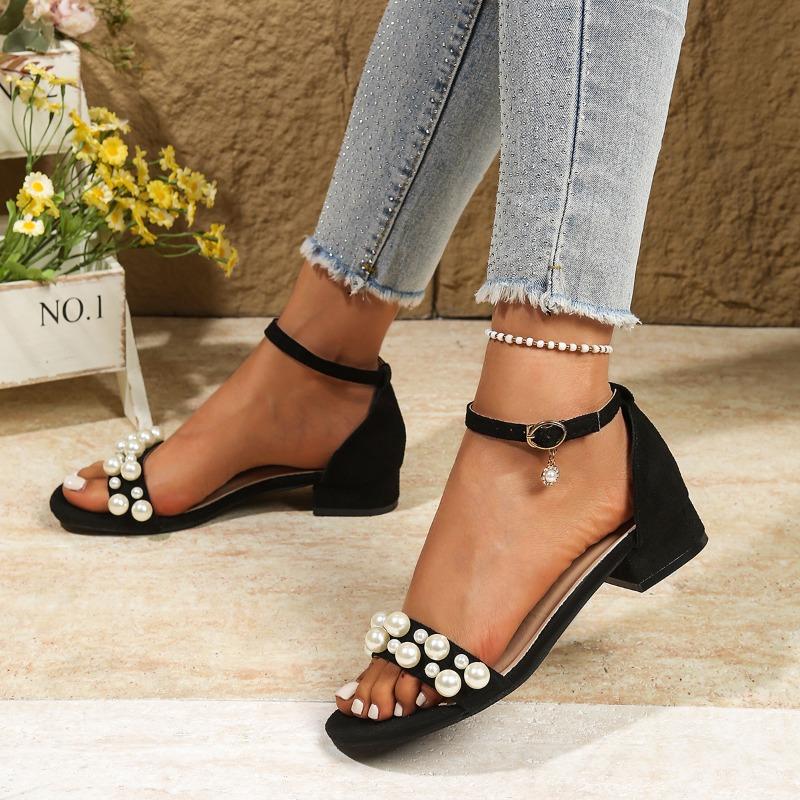Large size one-word belt fashion thick low-heeled sandals women's summer new style pearl sandals