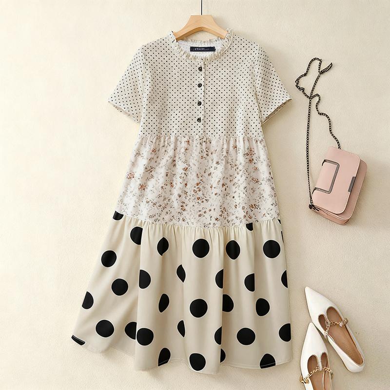 

ZANZEA Женское повседневное платье с круглым вырезом, принтом в горошек, свободного кроя, с коротким рукавом 3XL абрикосовый