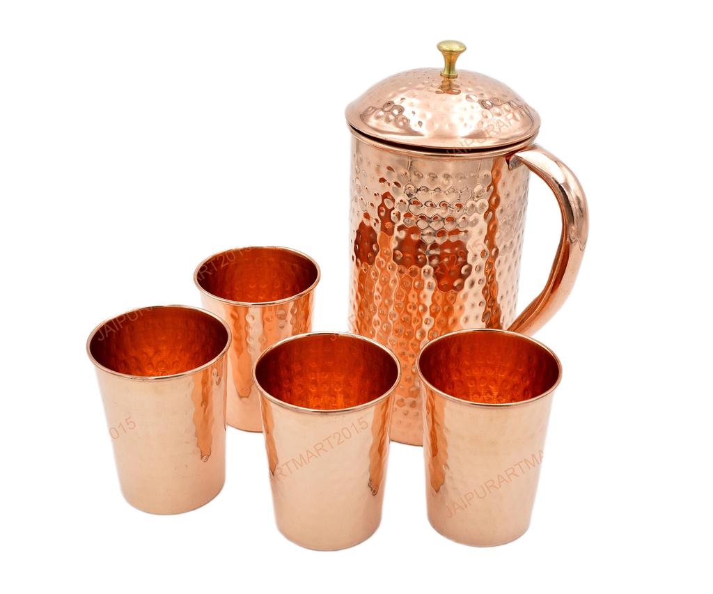 Handcrafted 1.5L Copper Water Jug with 4 Matching 250ml Glasses – Ayurvedic Health Benefits, Elegant Hammered Design
