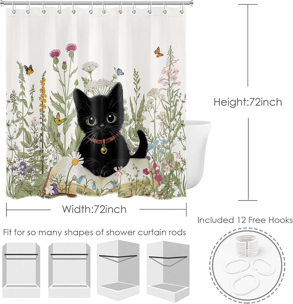 Rustic Floral Black Cat Shower Curtain with Hooks,Botanical Wildflower Butterfly Shower Curtain for Bathroom,Flower Plant Fabric