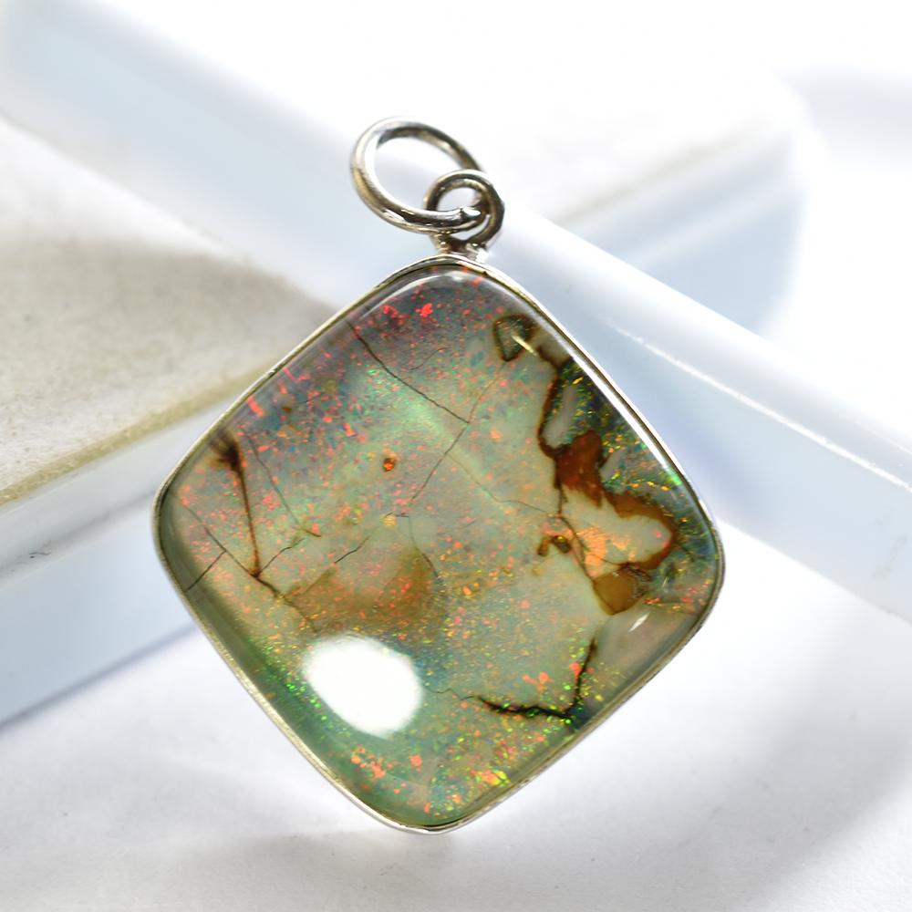 Natural Opal Pendant Multi Color 54 ct 925 Sterling Silver Cushion October Birthday Birthstone