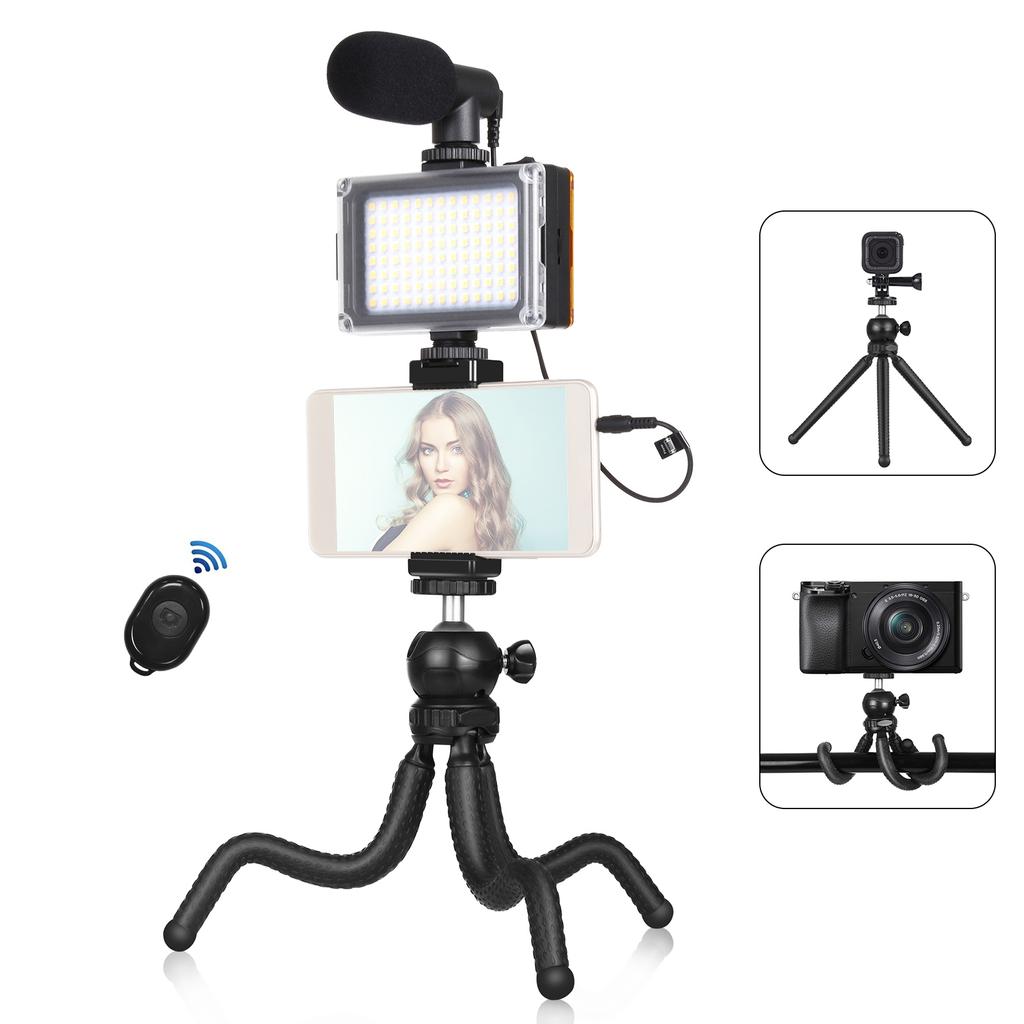 Smartphone Vlog Kit Flexible Tripod and Cardioid Microphone as well as Extendable Phone and BI Color LED Light with   Brightness for Live Str