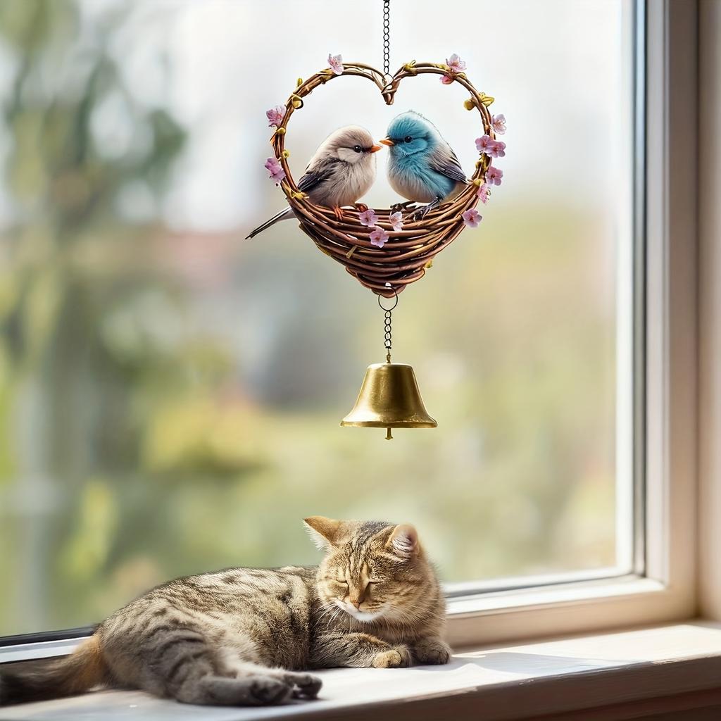 2D flat heart-shaped bird wind chimes with bells, bird heart wind chimes, flat pendants, Valentine's Day gifts