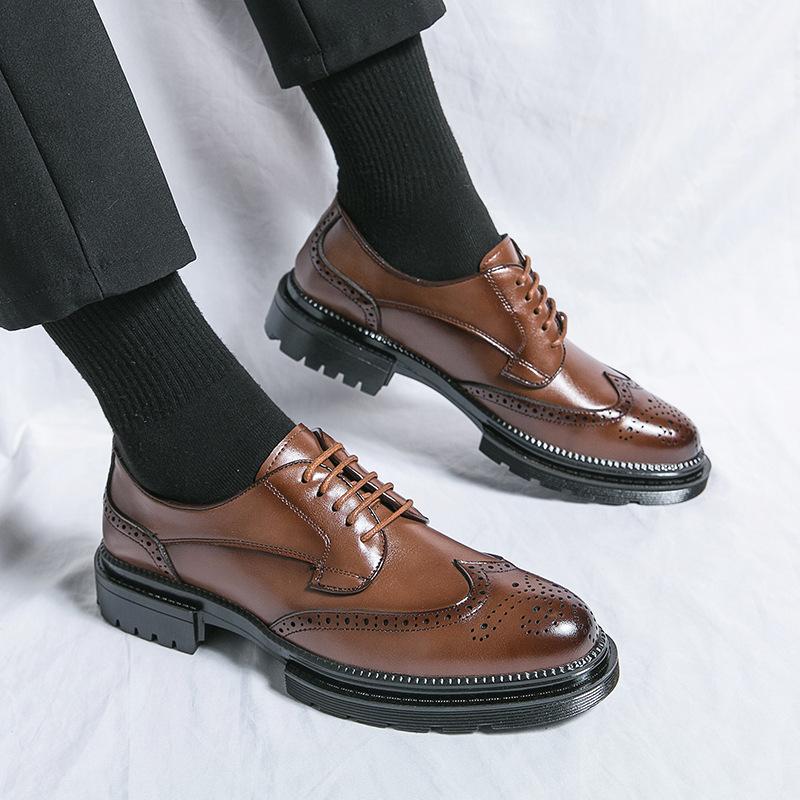

Foreign trade leather shoes men s hand scratching business dress shoes cowhide lace-up thick-soled British breathable groom wedding shoes 45