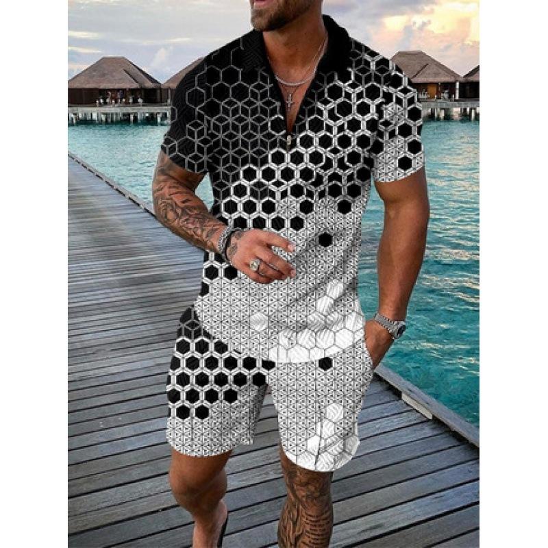 2025 summer men's 3D digital printing short-sleeved polo fashion sports and leisure suit foreign trade men's solid color