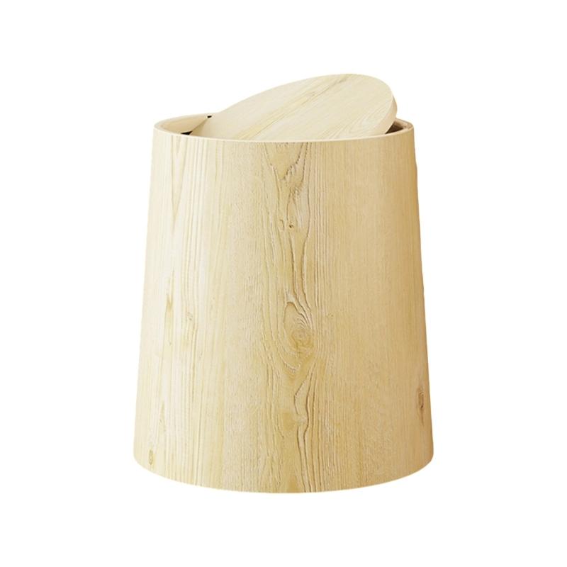 Retro Plastic Wastebasket with Simulation Wood Grains Pattern Flips Top Cover Trash Can For Small Space Office and Bedroom