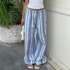 Fashionable Loose Striped Drawstring Stretch Waist Casual Beach Style Versatile Floor-length Wide-leg Pants