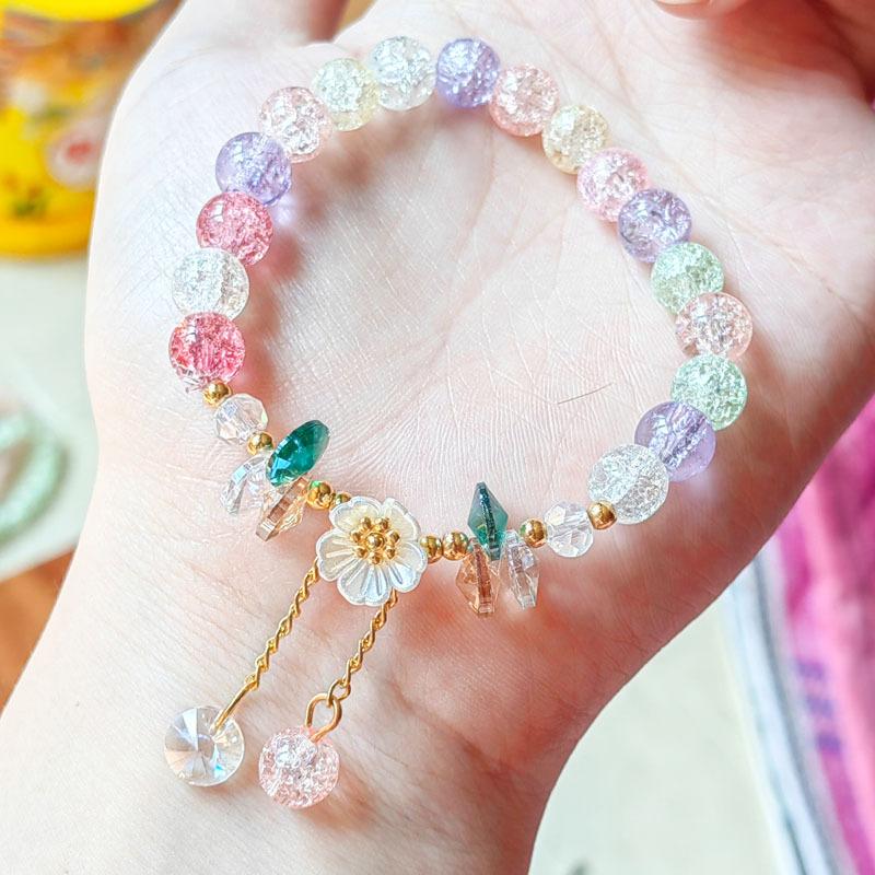 Cute Green Crystal Bead Bracelet for Women Trendy Lily Valley Flower Charm Elastic Adjustable Bracelet Wedding Birthday Jewelry