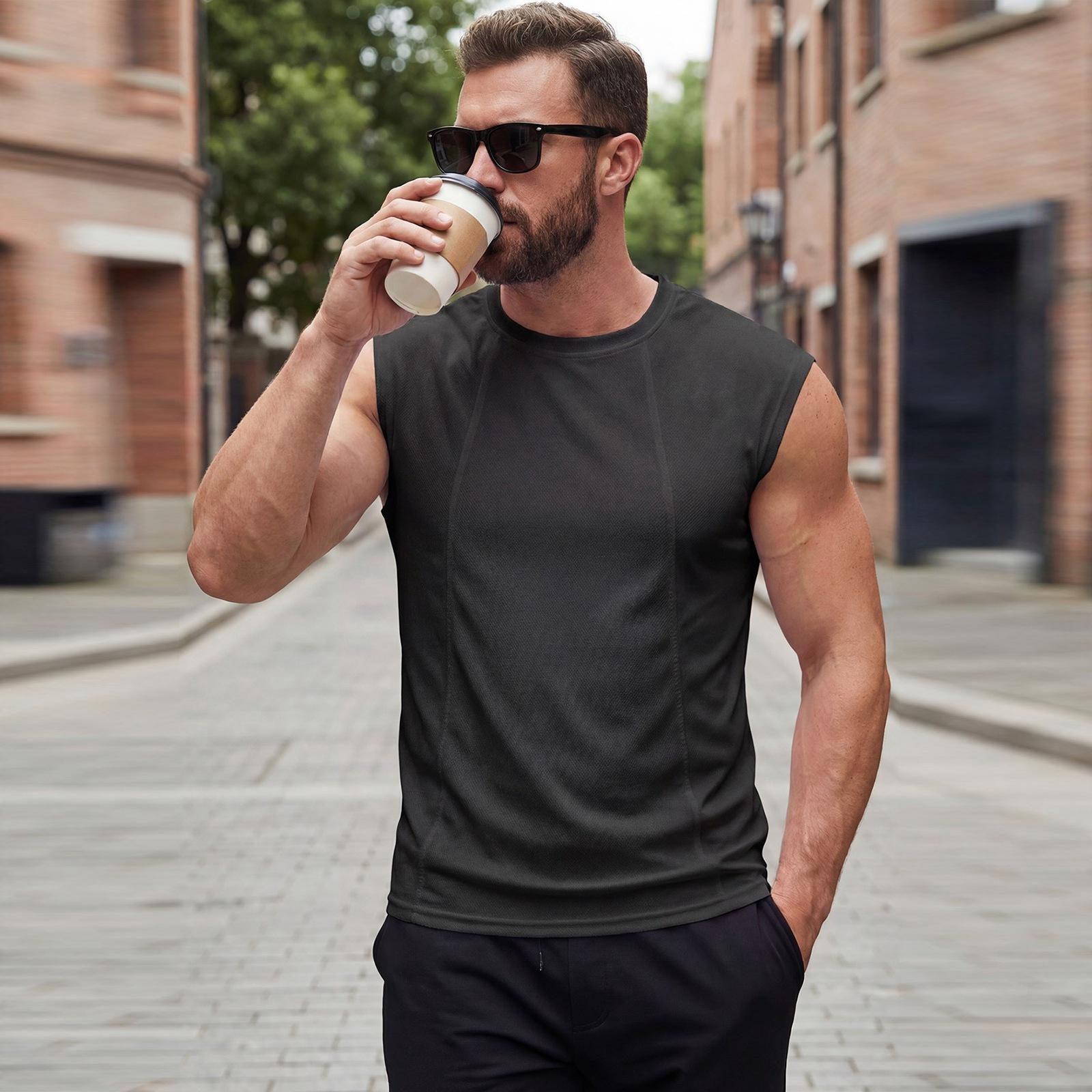 

Men s Sleeveless Tank Top Breathable Mesh Panel Athletic Muscle Fit Round Neck Wide Shoulder Summer Shirt S чёрный