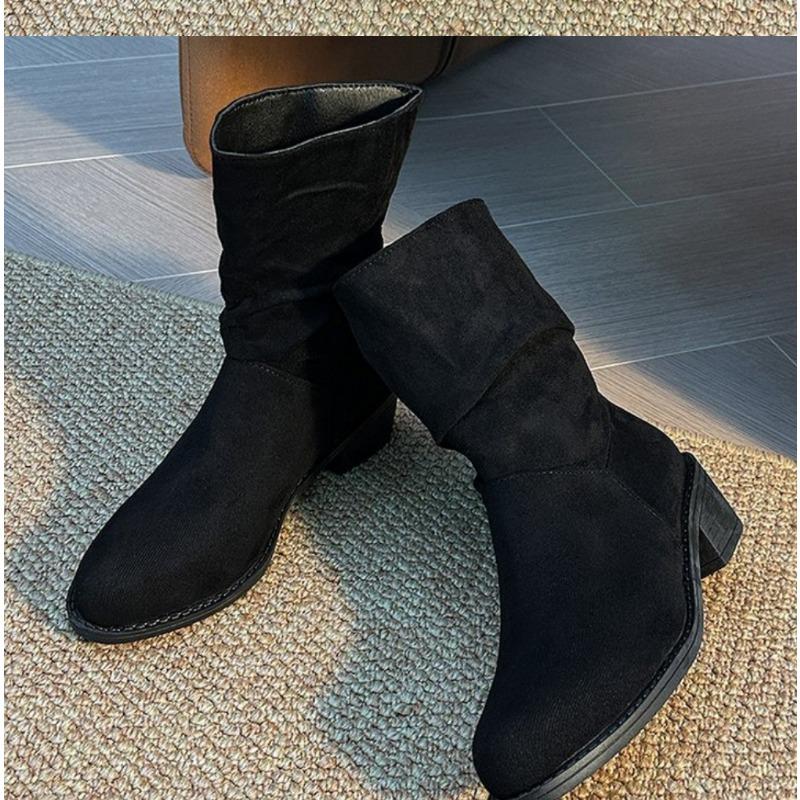 Fashion British Knight Boots Autumn Retro Suede Thick Heel Western Cowboy Boots Women's Versatile Mid-Calf Boots Designer Women Shoes